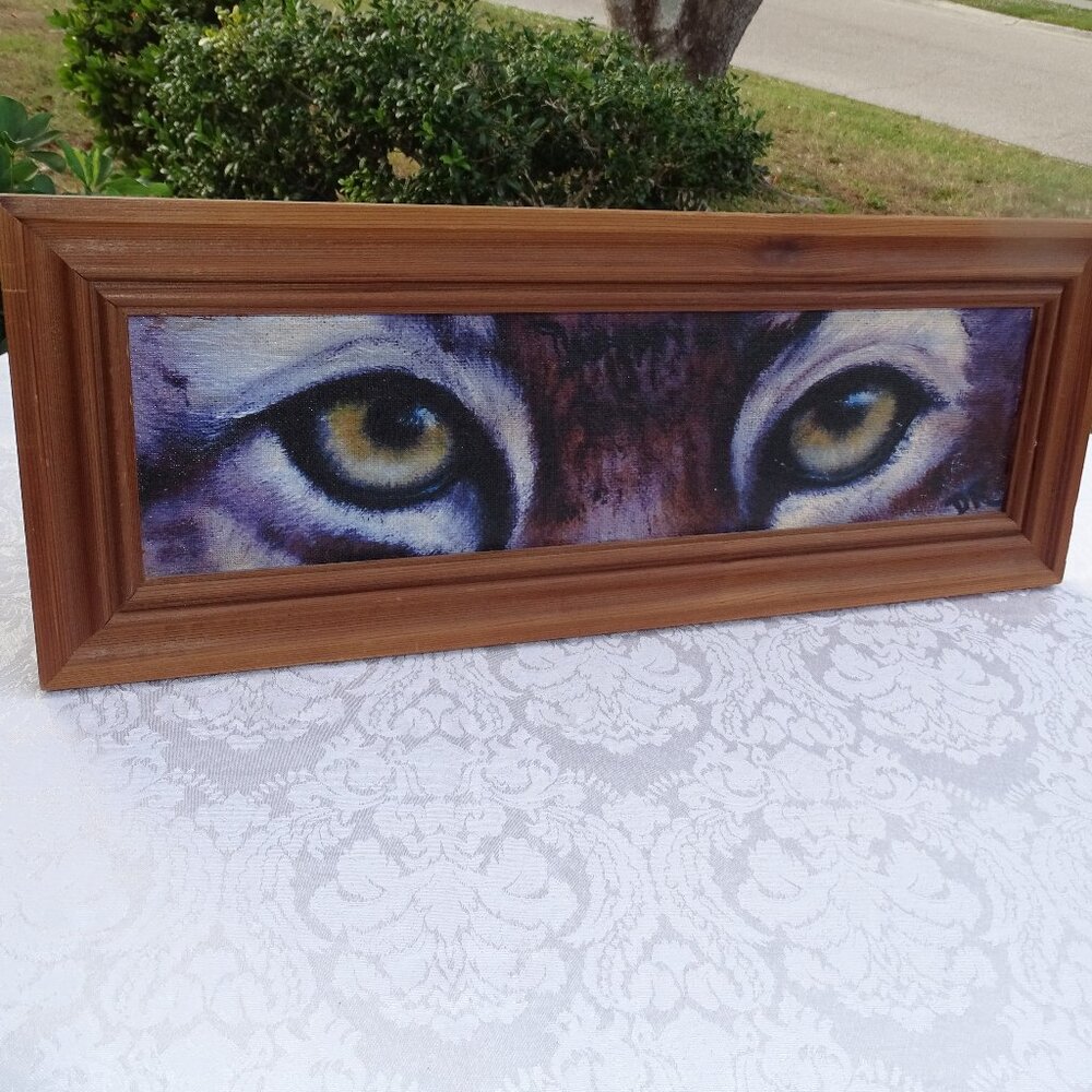 Framed Tiger Eyes Oil Painting Signed 19" x 7 1/4"